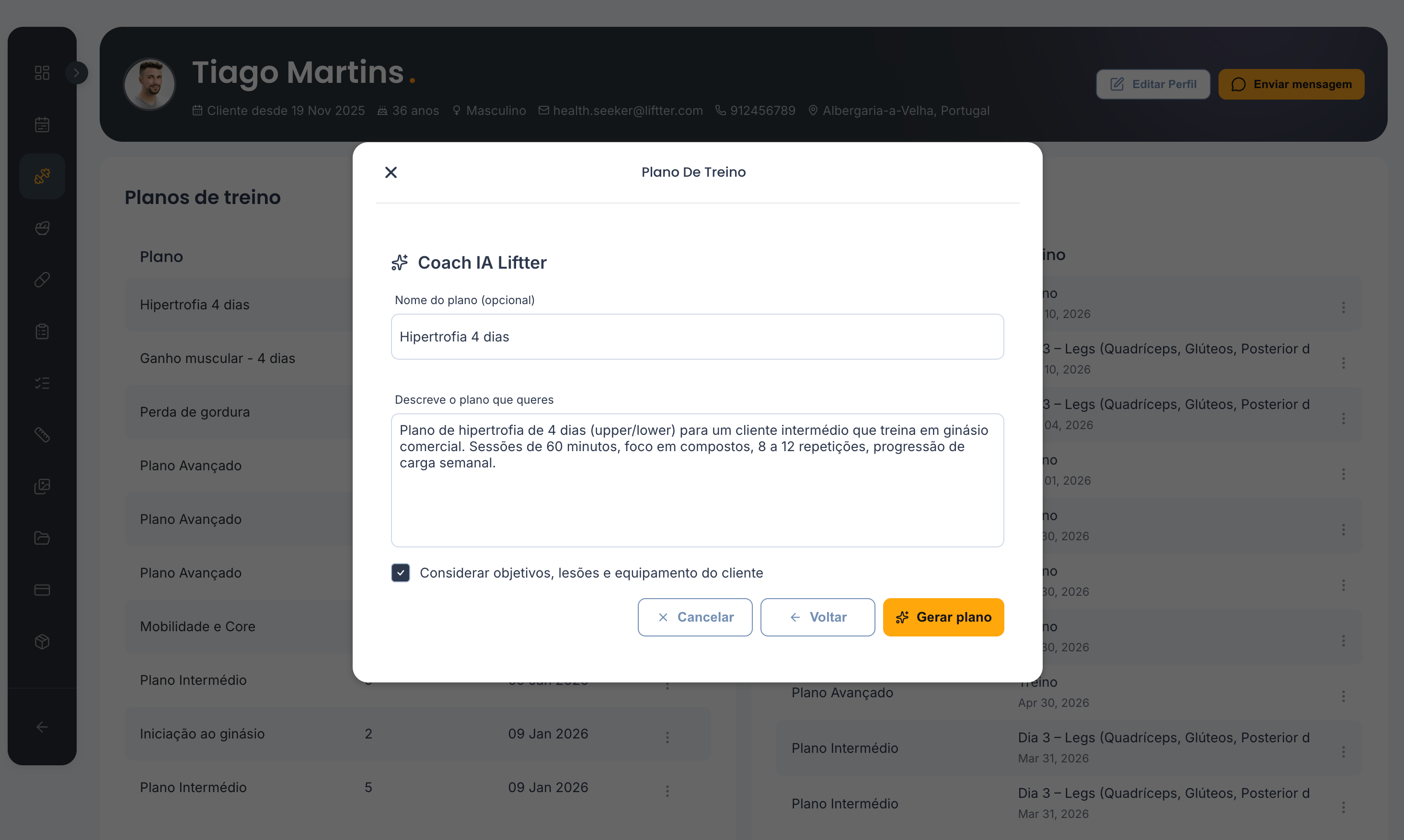 Liftter AI Coach na criação de planos de treino