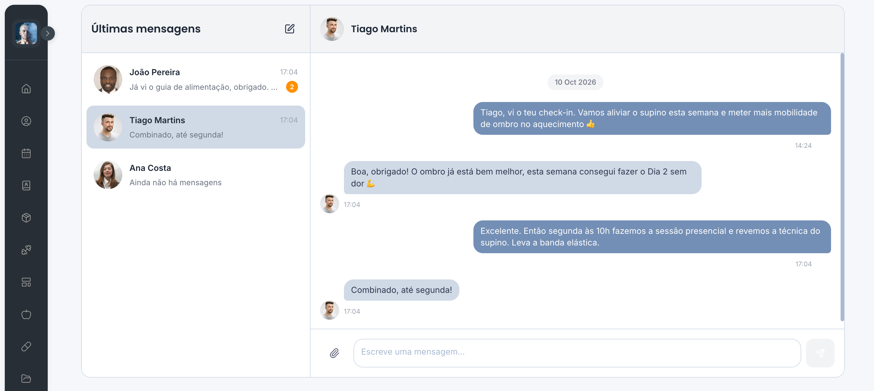 Mensagens no painel do treinador